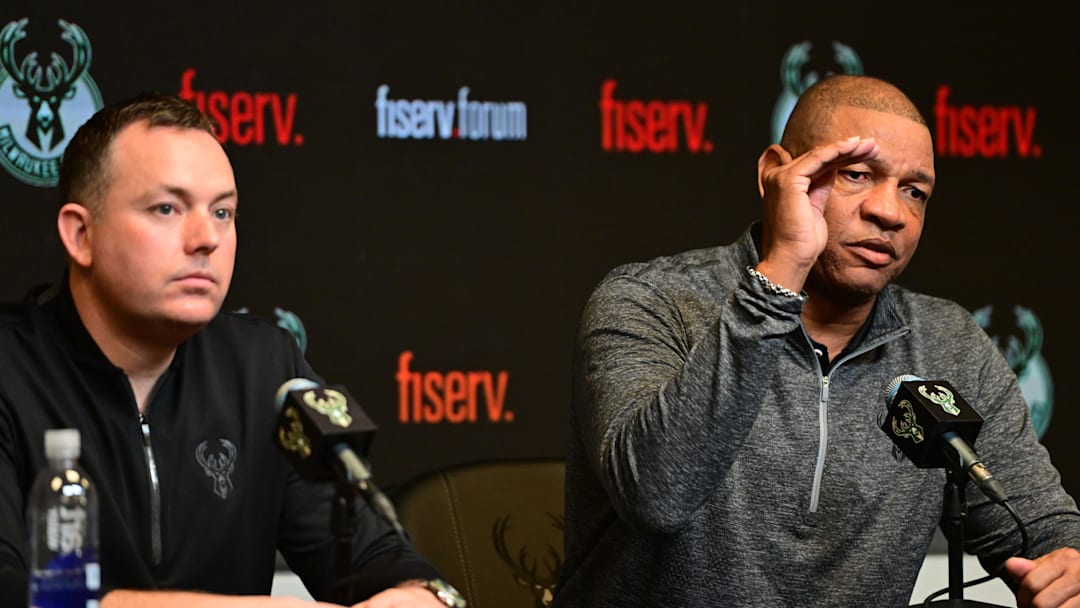 Jan 27, 2024; Milwaukee, WI, USA; Doc Rivers (right) speaks at a press conference with general manager Jon Horst as Rivers is introduced as the new head coach of the Milwaukee Bucks at the Fiserv Forum. Mandatory Credit: Benny Sieu-Imagn Images