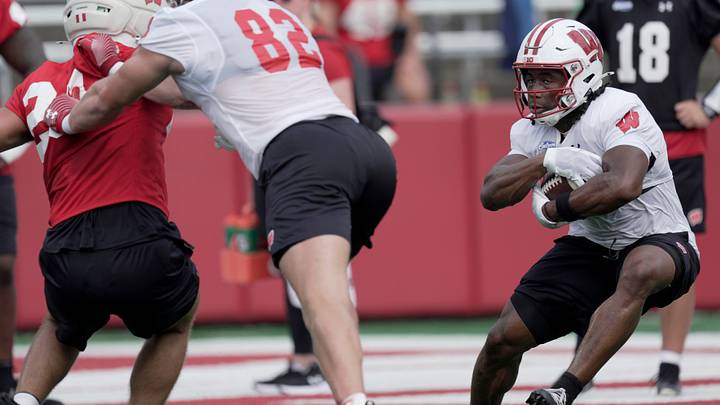 Wisconsin running back Abu Sam III (3) is shown during football practice Thursday, August 6, 2026 at Camp Randall Stadium in Madison, Wisconsin.