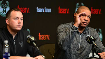 Doc Rivers speaks at a press conference with general manager Jon Horst as Rivers is introduced as the new head coach of the Milwaukee Bucks at the Fiserv Forum on January 27, 2024.