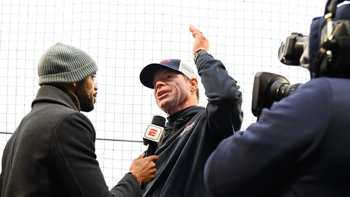 Connecticut Huskies head coach Mora is interviewed after defeating the North Carolina Tar Heels in the 2024 Fenway Bowl. Connecticut Huskies head coach Mora is interviewed after defeating the North Carolina Tar Heels in the 2024 Fenway Bowl.