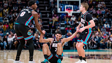 Memphis Grizzlies forward Santi Aldama started in Zach Edey's place and finished with a team-high 22 points, but although Jaren Jackson Jr. (8) and Cam Spencer (24) are helping him get up here, there wasn't enough defense played to avoid an upset loss to Utah.