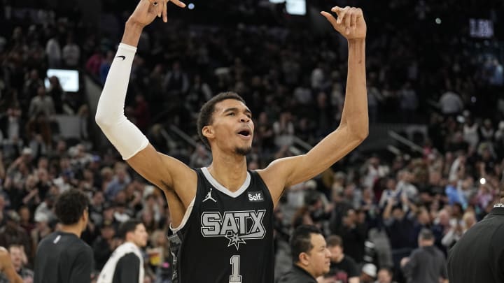 Jan 27, 2024; San Antonio, Texas, USA; San Antonio Spurs forward Victor Wembanyama (1) reacts after a victory over the Minnesota Timberwolves at Frost Bank Center. Mandatory Credit: Scott Wachter-USA TODAY Sports