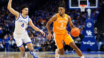 Feb 11, 2025; Lexington, Kentucky, USA; Tennessee Volunteers guard Chaz Lanier (2) drives to the basket around Kentucky Wildcats guard Koby Brea (4) during the first half at Rupp Arena at Central Bank Center. Mandatory Credit: Jordan Prather-Imagn Images
