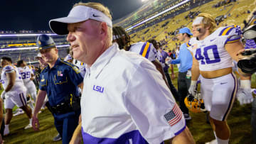 Oct 21, 2023; Baton Rouge, Louisiana, USA; LSU Tigers head coach Brian Kelly leaves the field after defeating the Army Black Knights at Tiger Stadium. Mandatory Credit: Matthew Hinton-USA TODAY Sports
