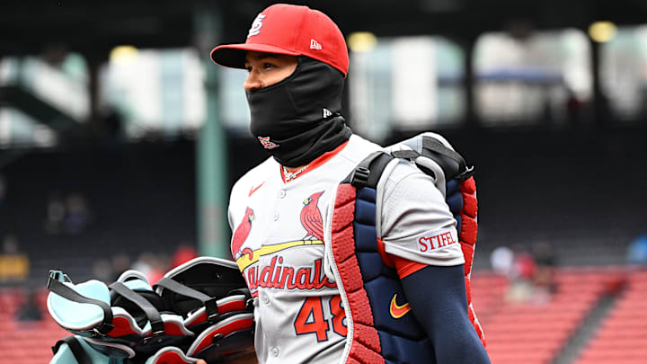 Apr 6, 2025; Boston, Massachusetts, USA; St. Louis Cardinals catcher Ivan Herrera (48) heads out to warm up before a game against the Boston Red Sox at Fenway Park. Mandatory Credit: Eric Canha-Imagn Images