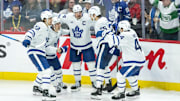 Apr 24, 2025; Ottawa, Ontario, CAN; The Toronto Maple Leafs celebrate a goal goal scored by center Auston Matthews (34) in game three of the first round of the 2025 Stanley Cup Playoffs against the   Ottawa Senators at Canadian Tire Centre. Mandatory Credit: Marc DesRosiers-Imagn Images