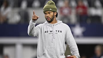 Nov 3, 2025; Arlington, Texas, USA; Arizona Cardinals quarterback Kyler Murray (1) warms up before the game against the Dallas Cowboys at AT&T Stadium. Mandatory Credit: Jerome Miron-Imagn Images