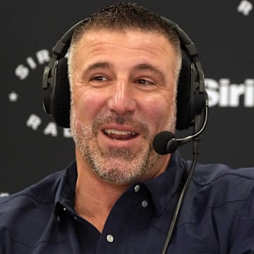 Feb 25, 2025; Indianapolis, IN, USA; New England Patriots coach Mike Vrabel on the SiriusXM radio set at the NFL Scouting Combine at the Indiana Convention Center. Mandatory Credit: Kirby Lee-Imagn Images