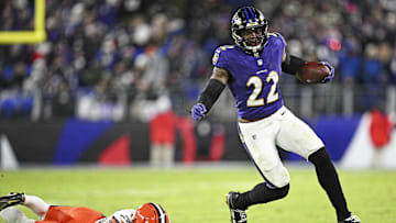Jan 4, 2025; Baltimore, Maryland, USA; Baltimore Ravens running back Derrick Henry (22) runs for a touchdown as Cleveland Browns cornerback Cameron Mitchell (29) defends during the fourth quarter at M&T Bank Stadium. Mandatory Credit: Tommy Gilligan-Imagn Images