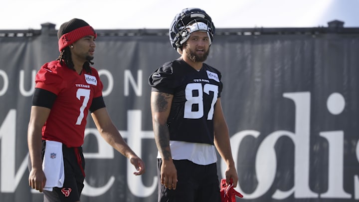 Jul 24, 2025; Houston, TX, USA; Houston Texans tight end Cade Stover (87) during training camp at Houston Methodist Training Center. Mandatory Credit: Troy Taormina-Imagn Images