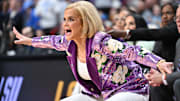 Mar 30, 2025; Spokane, WA, USA; LSU Lady Tigers head coach Kim Mulkey reacts after a play against the UCLA Bruins during the first half of a Elite 8 NCAA Tournament basketball game at Spokane Arena. Mandatory Credit: James Snook-Imagn Images