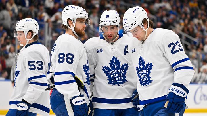 Mar 28, 2026; St. Louis, Missouri, USA; Toronto Maple Leafs right wing William Nylander (88) center John Tavares (91) and left wing Matthew Knies (23) talk before a face off against the St. Louis Blues during the third period at Enterprise Center. Mandatory Credit: Jeff Curry-Imagn Images