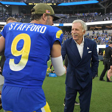Nov 2, 2025; Inglewood, California, USA; Los Angeles Rams quarterback Matthew Stafford (9) shakes the hand of Los Angeles Rams owner Stan Kroenke following a game against the New Orleans Saints at SoFi Stadium. Mandatory Credit: Jayne Kamin-Oncea-Imagn Images