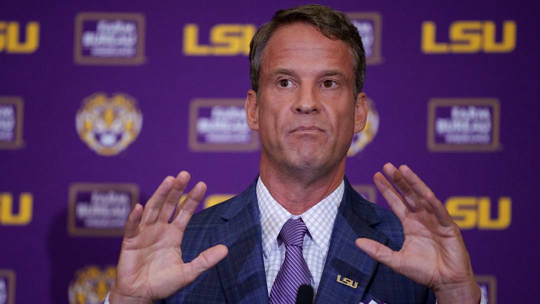 Dec 1, 2025; Baton Rouge, LA, USA; LSU new head coach Lane Kiffin speaks at South Stadium Club at Tiger Stadium. Mandatory Credit: Matthew Hinton-Imagn Images