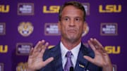 Dec 1, 2025; Baton Rouge, LA, USA; LSU new head coach Lane Kiffin speaks at South Stadium Club at Tiger Stadium. Mandatory Credit: Matthew Hinton-Imagn Images