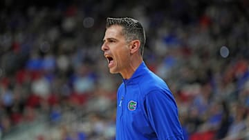 Mar 23, 2025; Raleigh, NC, USA; Florida Gators head coach Todd Golden reacts during the first half against the Florida Gators in the second round of the NCAA Tournament at Lenovo Center. Mandatory Credit: Bob Donnan-Imagn Images