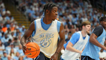 Oct 4, 2025; Charlotte, NC, USA; North Carolina Tar Heels forward Caleb Wilson (8) with the ball in the second half at Dean E. Smith Center. Mandatory Credit: Bob Donnan-Imagn Images