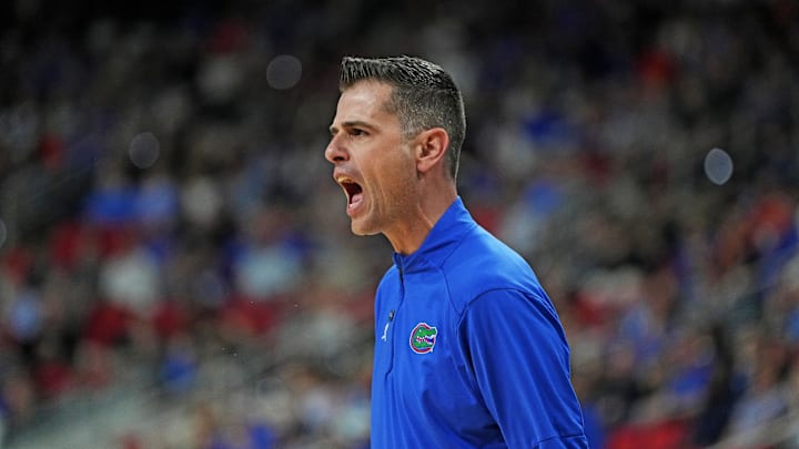 Mar 23, 2025; Raleigh, NC, USA; Florida Gators head coach Todd Golden reacts during the first half against the Florida Gators in the second round of the NCAA Tournament at Lenovo Center. Mandatory Credit: Bob Donnan-Imagn Images