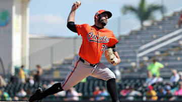 Feb 26, 2025; Bradenton, Florida, USA;  Baltimore Orioles pitcher Andrew Kittredge (39) throws a pitch during the third inning against the Pittsburgh Pirates at LECOM Park.