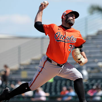 Feb 26, 2025; Bradenton, Florida, USA;  Baltimore Orioles pitcher Andrew Kittredge (39) throws a pitch during the third inning against the Pittsburgh Pirates at LECOM Park.