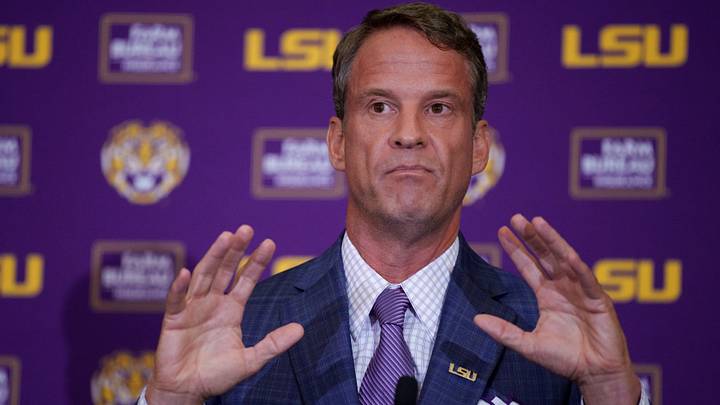 Dec 1, 2025; Baton Rouge, LA, USA; LSU new head coach Lane Kiffin speaks at South Stadium Club at Tiger Stadium. Mandatory Credit: Matthew Hinton-Imagn Images