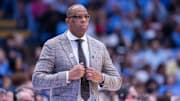 Nov 14, 2025; Chapel Hill, North Carolina, USA; North Carolina Tar Heels head coach Hubert Davis looks on during the second half against the North Carolina Central Eagles at Dean E. Smith Center. Mandatory Credit: Scott Kinser-Imagn Images
