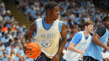 Oct 4, 2025; Charlotte, NC, USA; North Carolina Tar Heels forward Caleb Wilson (8) with the ball in the second half at Dean E. Smith Center. Mandatory Credit: Bob Donnan-Imagn Images