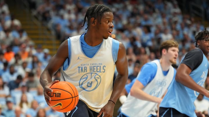 Oct 4, 2025; Charlotte, NC, USA; North Carolina Tar Heels forward Caleb Wilson (8) with the ball in the second half at Dean E. Smith Center. Mandatory Credit: Bob Donnan-Imagn Images