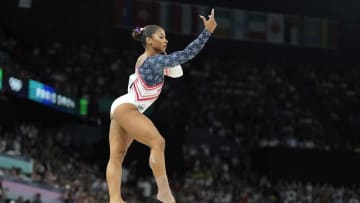 Paris, France; Jordan Chiles of the United States competes on the balance beam during the women’s team final at the Paris 2024 Olympic Summer Games at Bercy Arena. Mandatory Credit: Kyle Terada-USA TODAY Sports