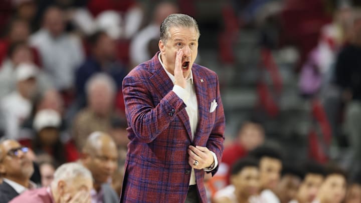 Jan 14, 2026; Fayetteville, Arkansas, USA; Arkansas Razorbacks head coach John Calipari during the first half against the South Carolina Gamecocks at Bud Walton Arena. Mandatory Credit: Nelson Chenault-Imagn Images
