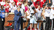 Oct 19, 2024; Norman, Oklahoma, USA; South Carolina Gamecocks defensive back Nick Emmanwori (7) reacts after making an interception during the first half against the Oklahoma Sooners at Gaylord Family-Oklahoma Memorial Stadium. Mandatory Credit: Kevin Jairaj-Imagn Images