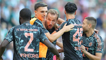 Harry Kane celebrating after scoring for Bayern Munich against Werder Bremen.