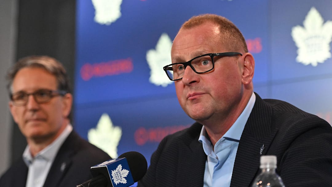 Jun 1, 2023; Toronto, Ontario, CANADA; Toronto Maple Leafs new general manager Brad Treliving is introduced as club president Brendan Shanahan looks on at a press conference at Scotiabank Arena. Mandatory Credit: Dan Hamilton-Imagn Images