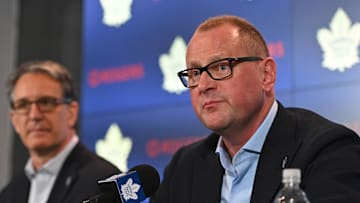Jun 1, 2023; Toronto, Ontario, CANADA; Toronto Maple Leafs new general manager Brad Treliving is introduced as club president Brendan Shanahan looks on at a press conference at Scotiabank Arena. Mandatory Credit: Dan Hamilton-Imagn Images