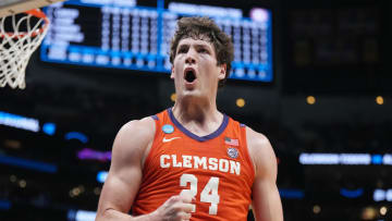 Mar 30, 2024; Los Angeles, CA, USA;  Clemson Tigers center PJ Hall (24) reacts in the second half against the Alabama Crimson Tide in the finals of the West Regional of the 2024 NCAA Tournament at Crypto.com Arena. Mandatory Credit: Kirby Lee-USA TODAY Sports