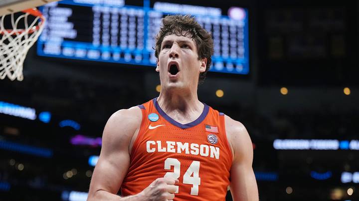 Mar 30, 2024; Los Angeles, CA, USA;  Clemson Tigers center PJ Hall (24) reacts in the second half against the Alabama Crimson Tide in the finals of the West Regional of the 2024 NCAA Tournament at Crypto.com Arena. Mandatory Credit: Kirby Lee-USA TODAY Sports