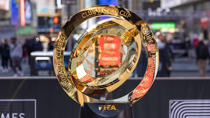 The FIFA Club World Cup trophy on display in Manhattan. The FIFA Club World Cup trophy on display in Manhattan.