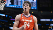 Mar 30, 2024; Los Angeles, CA, USA;  Clemson Tigers center PJ Hall (24) reacts in the second half against the Alabama Crimson Tide in the finals of the West Regional of the 2024 NCAA Tournament at Crypto.com Arena.