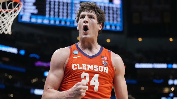 Mar 30, 2024; Los Angeles, CA, USA;  Clemson Tigers center PJ Hall (24) reacts in the second half against the Alabama Crimson Tide in the finals of the West Regional of the 2024 NCAA Tournament at Crypto.com Arena.