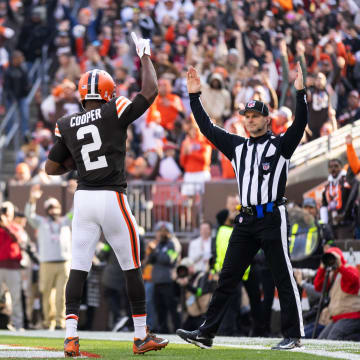 Nov 5, 2023; Cleveland, Ohio, USA; Cleveland Browns wide receiver Amari Cooper (2) celebrates his
