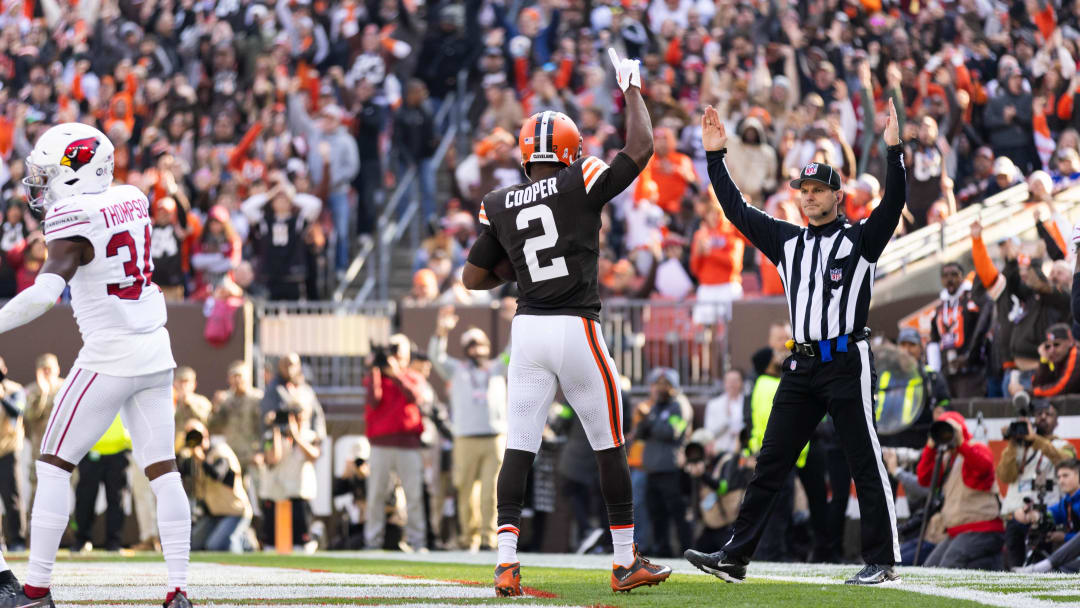 Nov 5, 2023; Cleveland, Ohio, USA; Cleveland Browns wide receiver Amari Cooper (2) celebrates his touchdown against the Arizona Cardinals during the second quarter at Cleveland Browns Stadium. Mandatory Credit: Scott Galvin-USA TODAY Sports