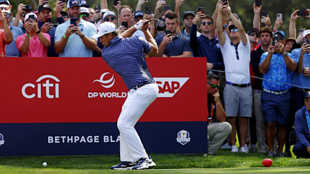 Bryson DeChambeau plays his shot from the 12th tee during a practice round of the Ryder Cup