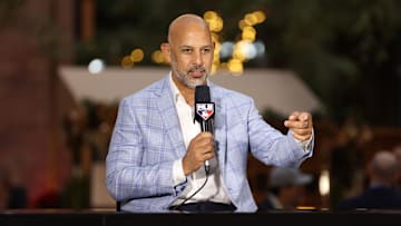 Dec 10, 2024; Dallas, TX, USA; Boston Red Sox manager Alex Cora talks on the set of the MLB Network at Hilton Anatole. Mandatory Credit: Tim Heitman-Imagn Images