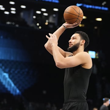 Feb 10, 2024; Brooklyn, New York, USA;  Brooklyn Nets point guard Ben Simmons (10) warms up prior to the game against the San Antonio Spurs at Barclays Center. Mandatory Credit: Gregory Fisher-Imagn Images