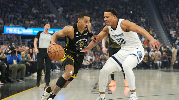 Dec 25, 2022; San Francisco, California, USA; Golden State Warriors guard Jordan Poole (3) dribbles against Memphis Grizzlies guard Desmond Bane (22) during the first quarter at Chase Center. Mandatory Credit: Darren Yamashita-Imagn Images Dec 25, 2022; San Francisco, California, USA; Golden State Warriors guard Jordan Poole (3) dribbles against Memphis Grizzlies guard Desmond Bane (22) during the first quarter at Chase Center. Mandatory Credit: Darren Yamashita-Imagn Images