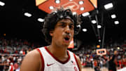 Feb 8, 2025; Stanford, California, USA; Stanford Cardinal guard Ryan Agarwal (11) celebrates after a win against the NC State Wolfpack at Maples Pavilion. Mandatory Credit: Eakin Howard-Imagn Images