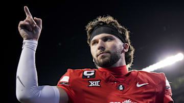 Cincinnati Bearcats quarterback Brendan Sorsby points to fans as he walks off the field after defeating the Baylor Bears at Nippert Stadium. Credit: Aaron Doster-Imagn Images
