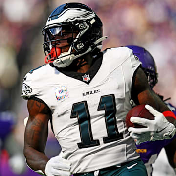 Oct 19, 2025; Minneapolis, Minnesota, USA; Philadelphia Eagles wide receiver A.J. Brown (11) makes a catch during the first half against the Minnesota Vikings at U.S. Bank Stadium. Mandatory Credit: Jeffrey Becker-Imagn Images