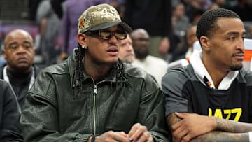 Dec 8, 2024; Sacramento, California, USA; Utah Jazz guard Jordan Clarkson (center) sits on the bench with forward John Collins (right) during the second quarter against the Sacramento Kings at Golden 1 Center. Mandatory Credit: Darren Yamashita-Imagn Images