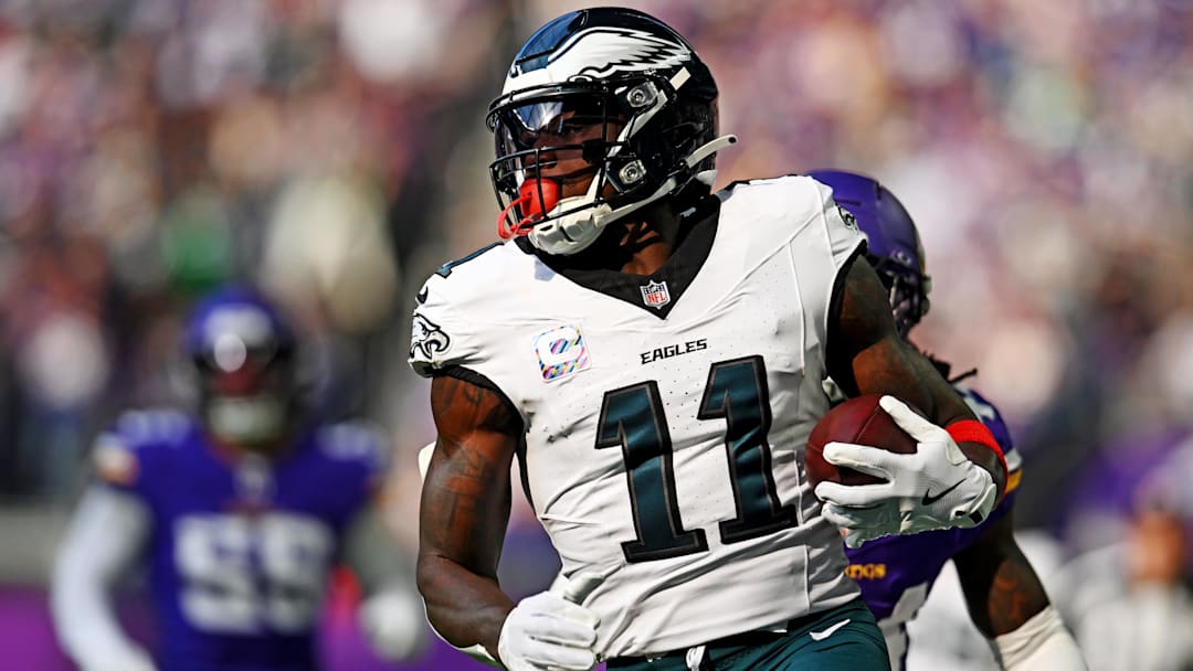 Oct 19, 2025; Minneapolis, Minnesota, USA; Philadelphia Eagles wide receiver A.J. Brown (11) makes a catch during the first half against the Minnesota Vikings at U.S. Bank Stadium. Mandatory Credit: Jeffrey Becker-Imagn Images